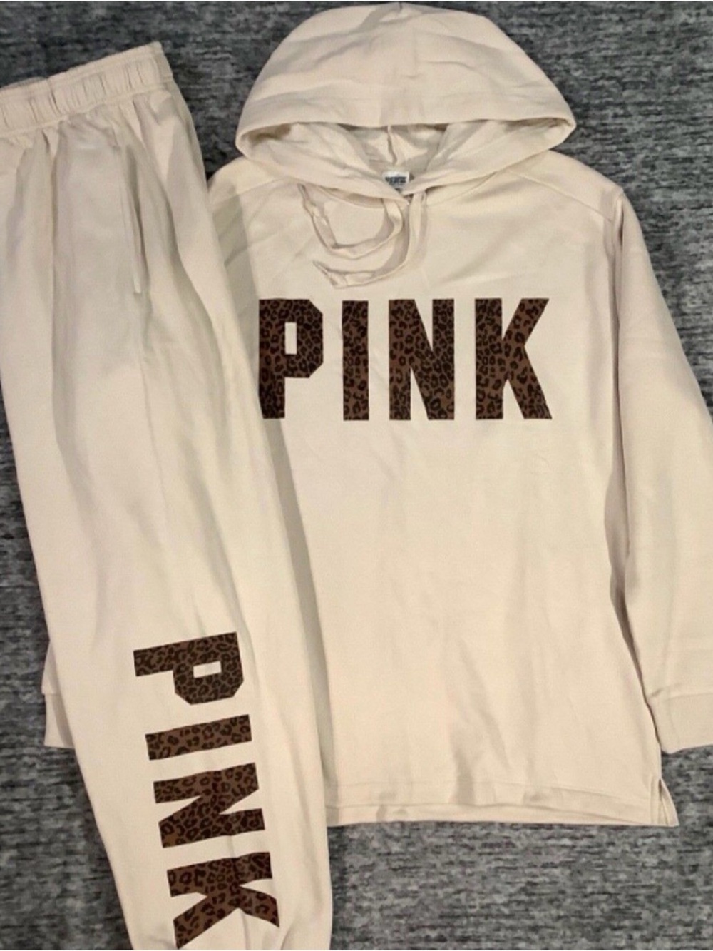 PINK Victoria's Secret Cream Hoodie & Sweatpants Set with Leopard Logo